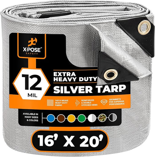 Heavy Duty Silver Poly Tarp 16' X 20' - Multipurpose Protective Cover - Durable, Waterproof, Weather Proof, Rip and Tear Resistant - Extra Thick 12 Mil Polyethylene - by Xpose Safety