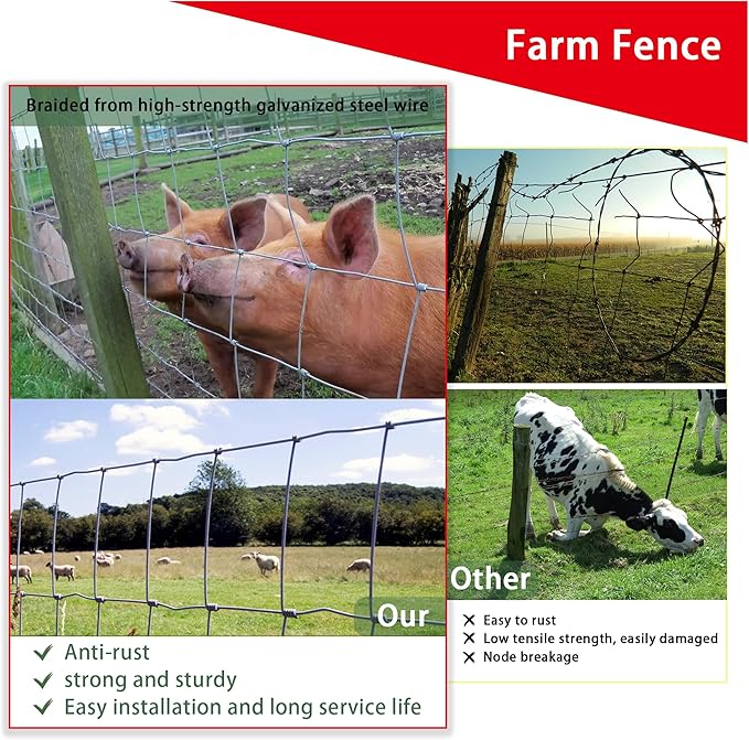 4ft x 33ft Galvanized Steel Wire Fence, Heavy Duty Cattle Fence for Goats, Deer, Hogs – Farm Repair and Replacement Use