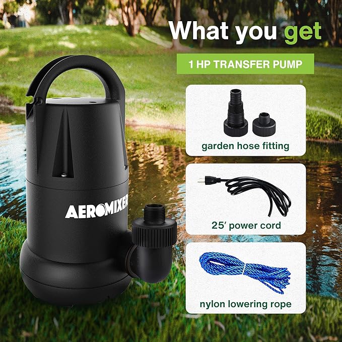Aeromixer 1 HP Transfer Pump - Submersible Water Pumps, Sump Pump for Pool Draining, Portable Electric Garden Utility Pumps 5120 GPH, Heavy Duty Outdoor Water Flow System for Farming and Gardening