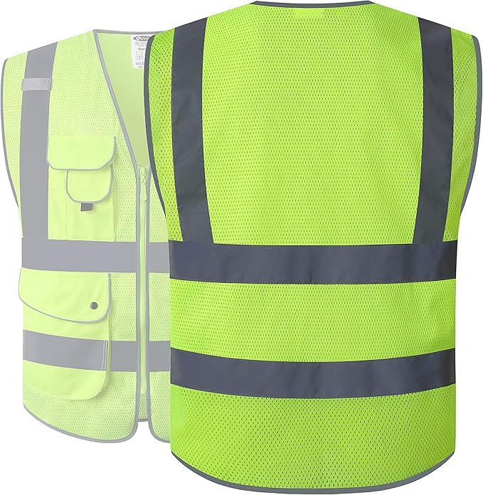 JKSafety 9 Pockets High Visibility Safety Vest for Men and Women, Hi-Vis Reflective Yellow Safety Vests with Zipper Front, Meet ANSI/ISEA Class 2 Type R (159-Yellow 3XL)