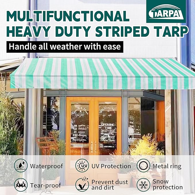 TARPAL Heavy Duty Poly Tarp 6x8 Feet 12mil Striped tarp Multipurpose Protective Cover Durable, Waterproof, Weather Proof, UV,Rip and Tear Proof（Green/White）