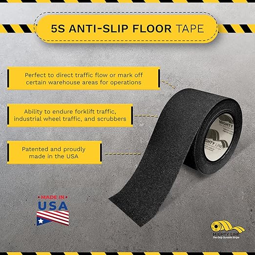 Mighty Line Anti-Slip Caution Floor Marking Tape for Safety, Warning, Heavy-Duty, Peel and Stick, Adhesive, Industrial Quality, 4" Black, 60' Roll