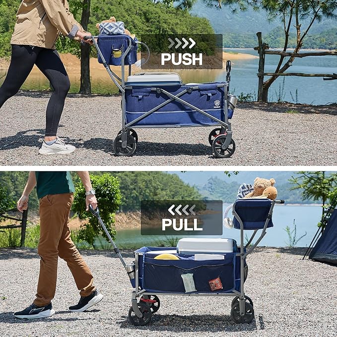 EVER ADVANCED Collapsible Push & Pull Shopping Cart with Wheels & Brakes, Foldable Wagon for Groceries with Practical Basket, Side Pockets & Cup Holders, Beach Utility Rolling Cart for Camping, Blue