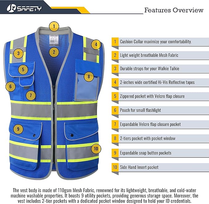 JKSafety 9 Pockets Hi-Vis Safety Vest Breathable Mesh Fabric Cushioned Collar Work Utility PPE Lightweight Industrial Work Gear ANSI/ISEA compliant (101-Blue 3XL)