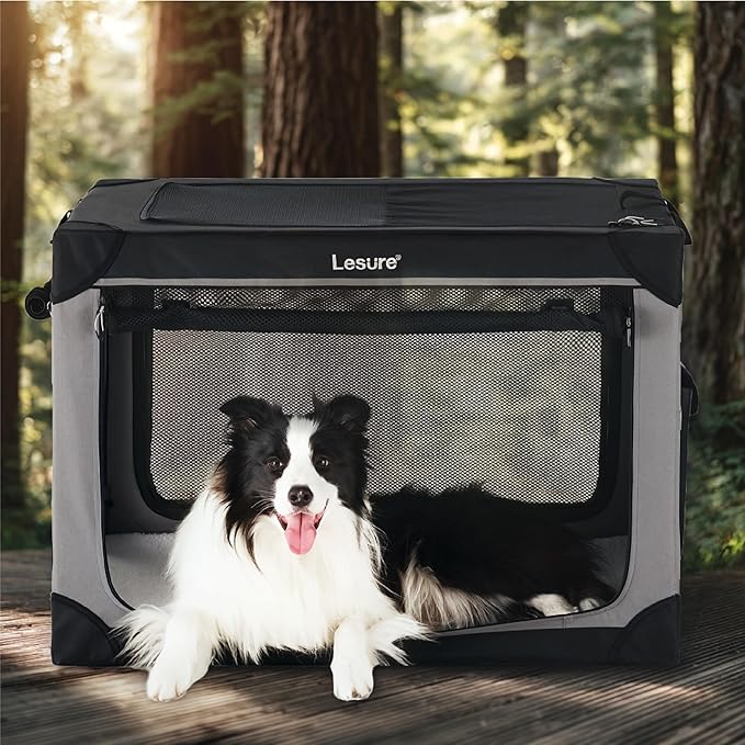 Lesure Shown on TODAY Show Soft Collapsible Dog Crate - 36 Inch Portable Travel Crate for Large Dogs Indoor & Outdoor, 4-Door Foldable Pet Kennel with Mesh Windows, Black