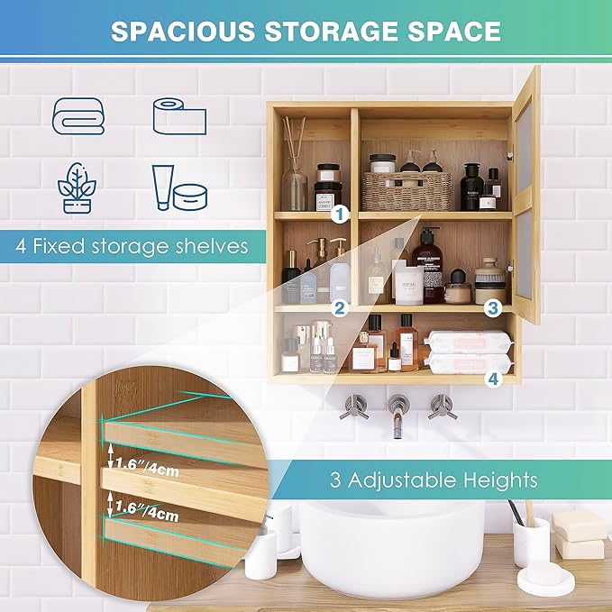 SMIBUY Bathroom Mirror Cabinet Wall Mounted, Bamboo Space Saver Medicine Cabinet, Wall Hanging Over Toilet Storage Cabinet with Mirror Door and Adjustable Shelf (Natural)