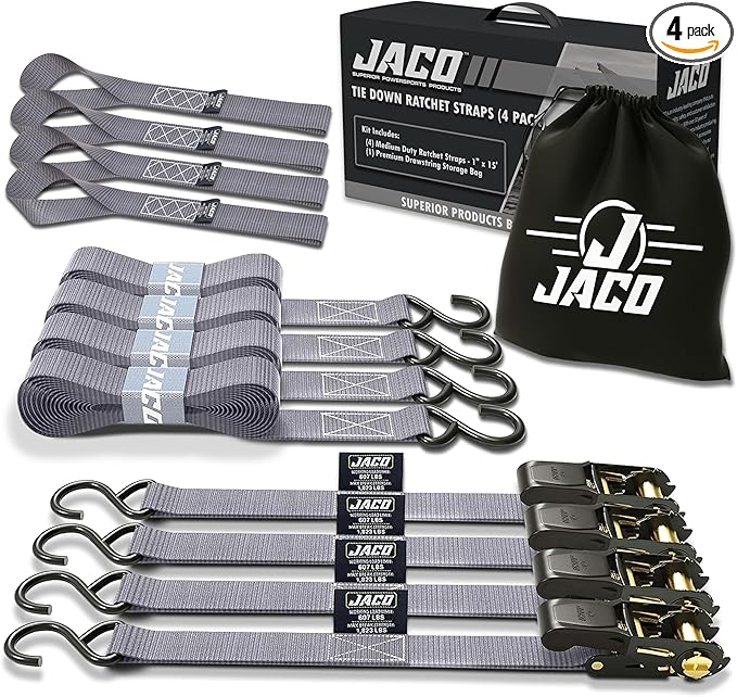 JACO Ratchet Tie Down Straps - 1 inch x 15 ft (Pack of 4) | 1,823 lbs (Grey)