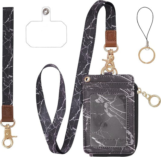 2-in-1 ID Badge Holder & Lanyard Wallet - Multi-Use Womens Small Wallet with Removable Wristlet & Neck Lanyard, Clear Window, 5 Card Slots, Phone Holder, Ring Keychain - Black Marble