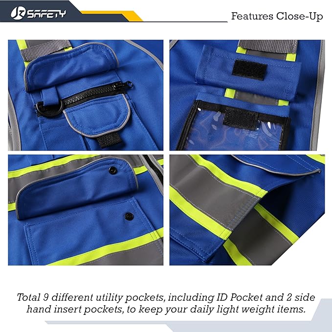 JKSafety 9 Pockets Hi-Vis Safety Vest High Visibility Reflecitive Safety Vests for Men and Women Work Utility PPE Work Gear ANSI/ISEA compliant (902-Blue 4XL)