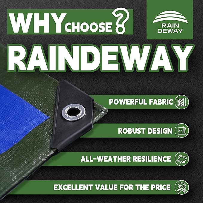 RAINDEWAY Small Waterproof Tarp 6x6 Feet,10.5 Mil Tarps Heavy Duty Waterproof with Metal Grommets and Reinforced Edges,UV Resistant,Durable,Green/Blue Tarp