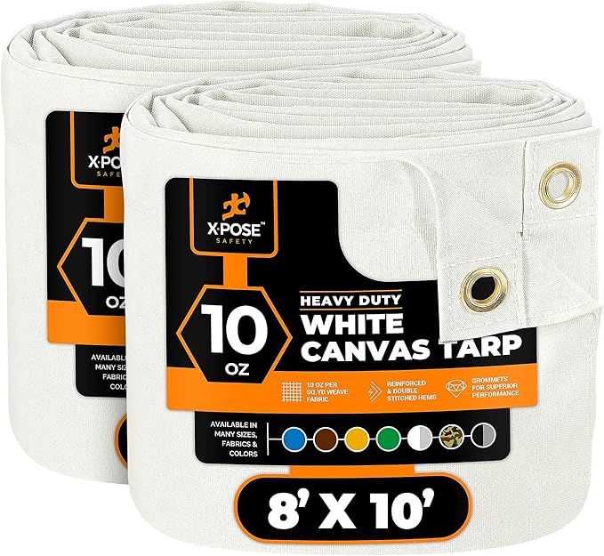 Xpose Safety Canvas Tarp - 10oz White Canvas Tarps Heavy Duty Water Resistant with Brass Grommets- Multipurpose Outdoor Tarpaulin for Camping, Canopy, Trailer, Equipment Cover 8' x 10' (2 Pack)