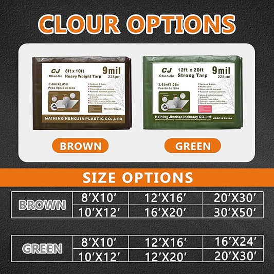 Tarps Heavy Duty Waterproof Multipurpose Poly Tarp Cover,Tarp Waterproof UV Resistant Tear&Fade Resistant, Outdoor Tarpaulin for Roof,Camping,Patio,Pool,Boat,Car (16'x20,9 Mil) Brown/Silver