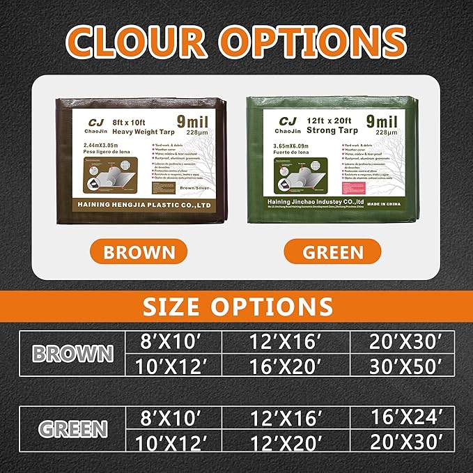 Heavy Duty Tarp Waterproof - Multipurpose Protective Cover - Durable, Waterproof, Weather Proof, Rip and Tear Resistant - Extra Thick (9 Mil,12'x16) Brown/Silver