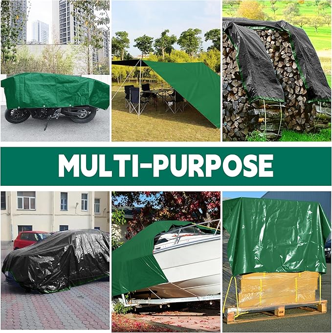 Tarp 15x15 ft Heavy Duty 100% Waterproof 10mil,UV Resistant,Durable Grommets and Reinforced Edges Green/Black Tarp for Camping, Swimming Pools,Car Coverage -by MVPNET