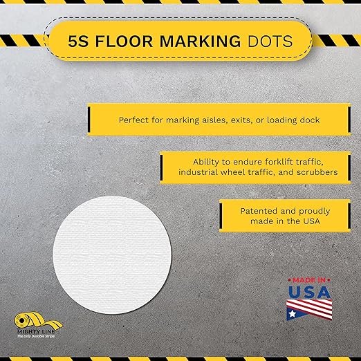 Mighty Line 1" Solid Dot Shaped Floor Marking Tape for Safety, Caution, Warning, Heavy-Duty, Peel and Stick, Adhesive Circle Spots, Industrial Quality, White, Pack of 200