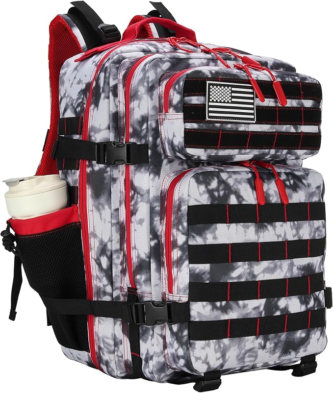 45L Tactical Assault Backpack 3 day assault pack with Molle Waterproof backpack Rucksack for Tactical Backpacks (Black White Red)