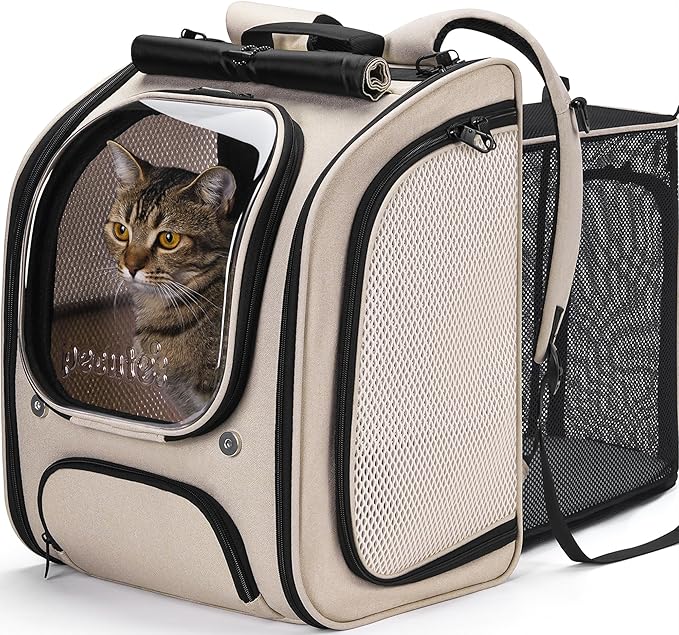 Pecute Cat Backpack Carrier Expandable, Large Space Cat Bubble Backpack, Breathable Cat Carrier, Shaded Dog Backpack Carrier for Travel, Hiking, Suitable for Shopping, and Vet, Khaki