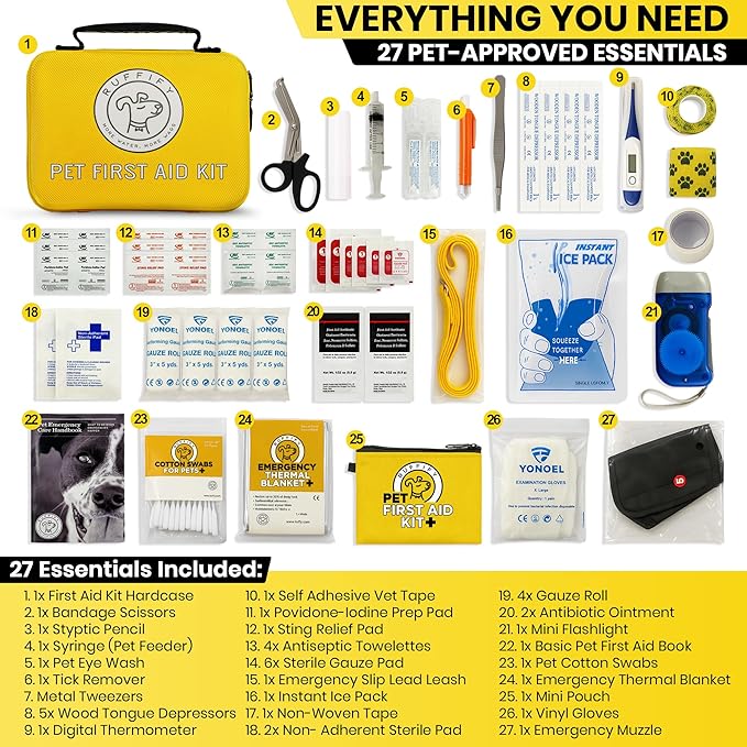Dog First Aid Kit – 27 Essential Items Pet Emergency Kit Accessories for Car, Travel, Hunting, Hiking & Camping Gear with Mini Pouch for Home, Office & Outdoor Adventures