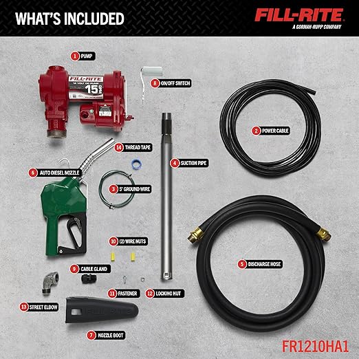 Fill-Rite FR1210HA1 12V 15 GPM Fuel Transfer Pump with Discharge Hose & Automatic Nozzle, Green - Gasoline, Diesel, Kerosene, Ethanol & Methanol Blends & Biodiesel