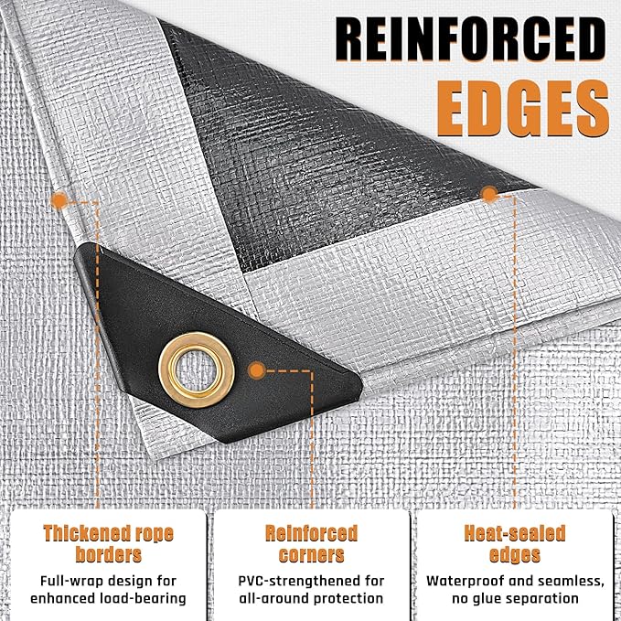 10x10FT Waterproof Tarp, Yumatum 16 Mil Heavy Duty Tarps with Reinforced Edges/Brass Grommets, 100% UV Blocking/Tear Resistant Poly Tarp for Camping, Patio, Tent, Boat(Silver/Black)