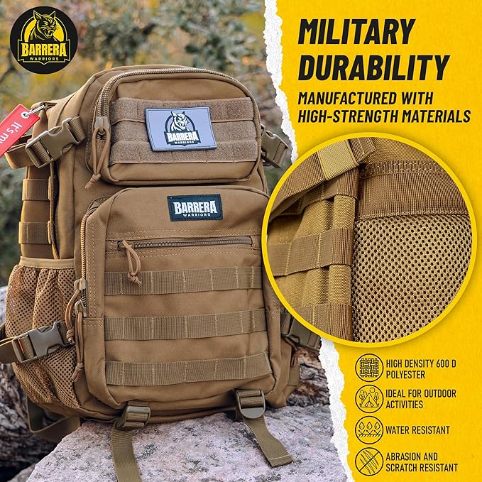 25 L Tactical Backpack: durable military-style backpack with MOLLE system for daily carry, travel, gym, hiking, hunting, camping, and outdoor sports. (COYOTE BROWN)