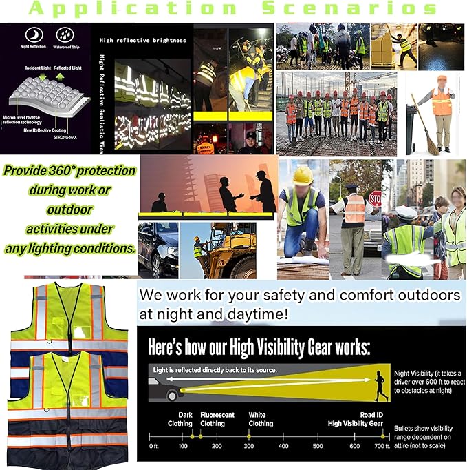 High Visibility Safety Reflective Vest with Pockets and Zipper Construction Hi Vis Work Vest(Yellow/Black XL)
