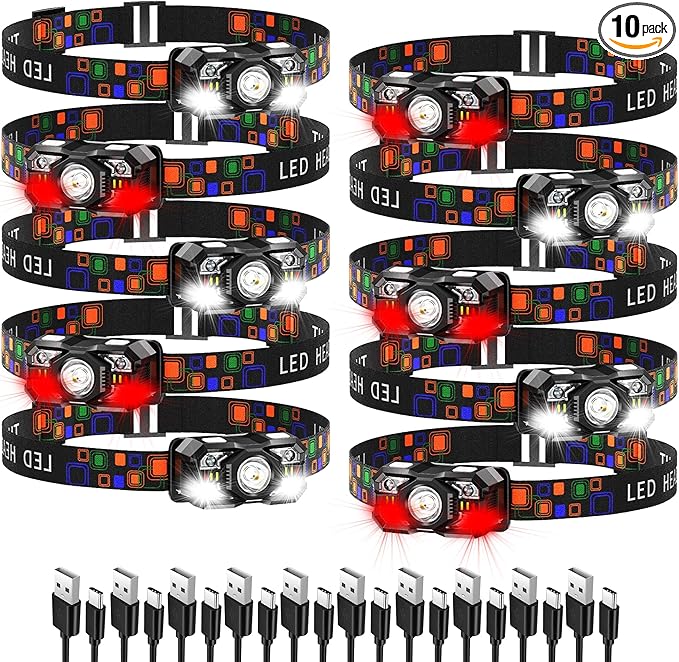 KunHe 10 Pack led Rechargeable Headlamp Flashlight Headlight Motion Sensor 10 Mode for Outdoor Camping Gear Hiking Fishing Running Cycling Headlight Emergency Lights for Home Christmas Gifts for Men