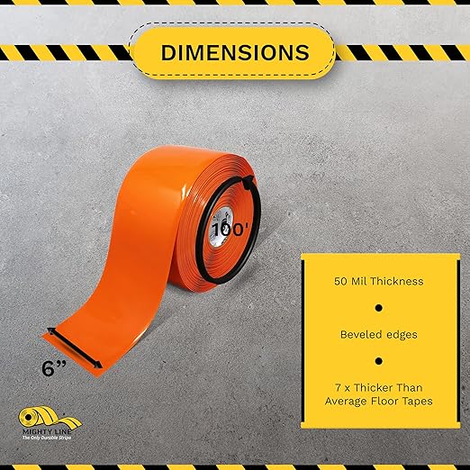 Mighty Line Solid Floor Marking Tape for Safety, Caution, Warning, Heavy-Duty, Peel and Stick Adhesive, Beveled Edge Design, Industrial Quality, 6 inch, 100' Roll, Orange
