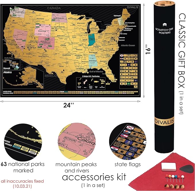 2 in 1 Gift Set - Scratch off US Map and 63 National Parks Poster - 24x16 Easy to Frame Scratchable United States of America Posters - Globetrotters Wall Map - Black and Gold Travel Tracker