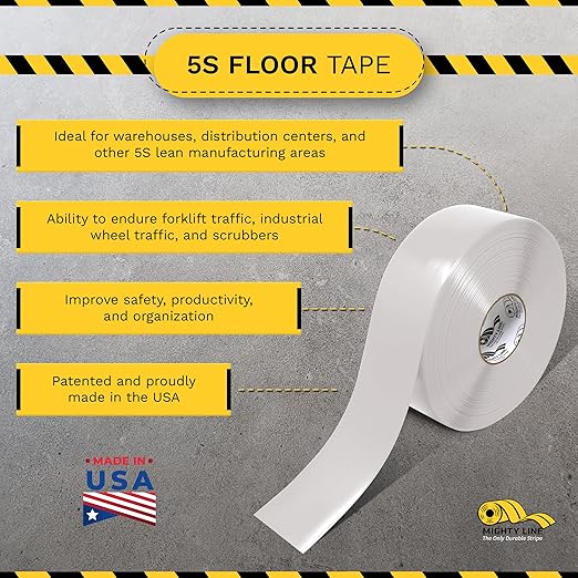Mighty Line Solid Floor Marking Tape for Safety, Caution, Warning, Heavy-Duty, Peel and Stick Adhesive, Beveled Edge Design, Industrial Quality, 3 inch, 100' Roll, White