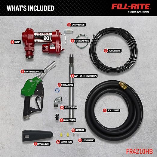Fill-Rite FR4210HB 12V 20 GPM Fuel Transfer Pump with Discharge Hose & Automatic Nozzle, Red Gasoline, Diesel, Kerosene, Ethanol & Methanol Blends & Biodiesel
