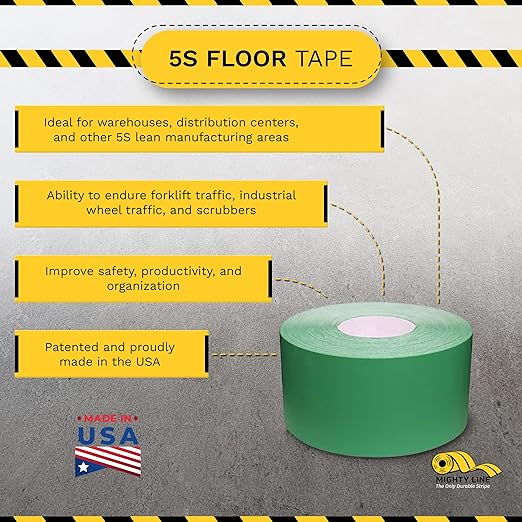 Mighty Line UltraLine Solid Floor Marking Tape for Safety, Caution, Warning, Heavy-Duty, Peel and Stick Adhesive, Beveled Edge Design, Industrial Quality, 4 Inch, 100' Roll, Green
