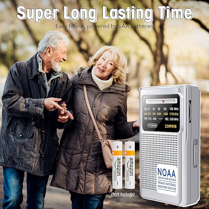 Greadio NOAA Weather Radio, AM/FM Battery Operated Transistor Portable Radio with Best Reception,Stereo Earphone Jack,Powered by 2 AA Battery for Emergency,Hurricane,Running, Walking,Home (Silver)