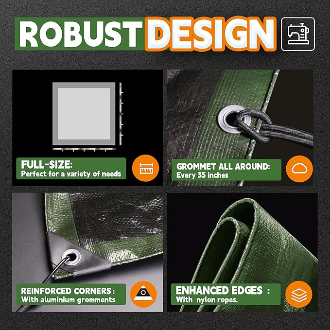 RAINDEWAY Tarps 20x30 Feet,Tarp Waterproof,9Mil Thick,Finished Size,Multipurpose Poly Tarp Cover with Metal Grommets and Reinforced Edges,Green/Black Tarpaulin