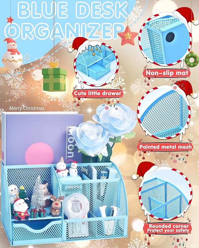 Blue Desk Accessories, 26Pcs Office Supplies and Desk Organizers, with Tape Dispenser, Stapler, Staple Remover, Ect, Christmas Gifts