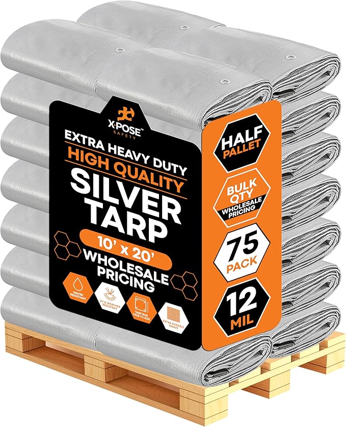 Heavy Duty Silver Poly Tarp 10' X 20' - Bulk Half Pallet (75 Pack) - Multipurpose Protective Cover - Durable, Weather Proof & Tear Resistant - 12 Mil Thick Polyethylene - by Xpose Safety