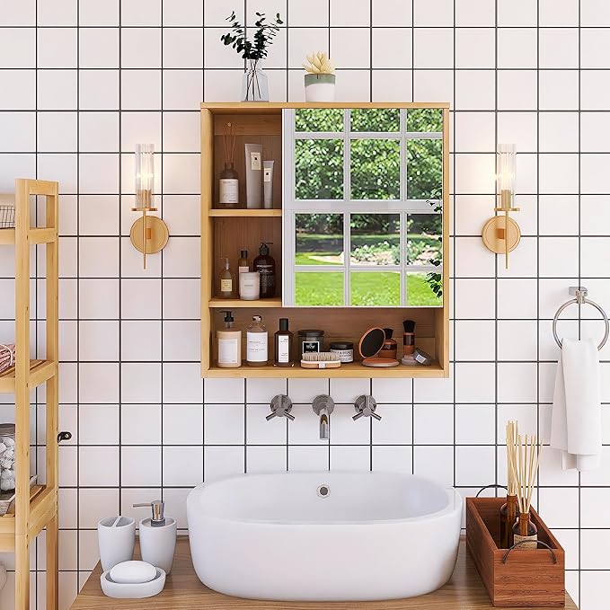 SMIBUY Bathroom Mirror Cabinet Wall Mounted, Bamboo Space Saver Medicine Cabinet, Wall Hanging Over Toilet Storage Cabinet with Mirror Door and Adjustable Shelf (Natural)