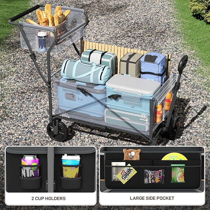 EVER ADVANCED Collapsible Push & Pull Shopping Cart with Wheels & Brakes, Foldable Wagon for Groceries with Practical Basket, Side Pockets & Cup Holders, Beach Utility Rolling Cart for Camping, Black