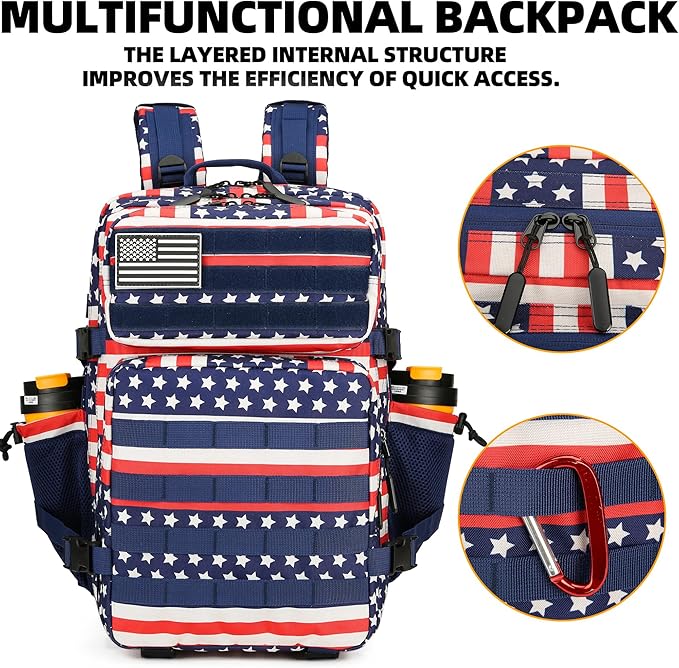 45L Tactical Assault Backpack 3 day assault pack with Molle Waterproof backpack Rucksack for Tactical Backpacks (Striped Flag)