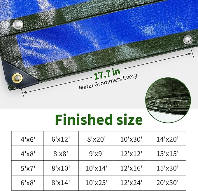TARPAL 8x14 Tarp Heavy Duty Waterproof Tarp 16mil Thick Tarps with Metal Grommets Every 17.7" UV Protection&Tear -Resistant Cover for Firewood,Roof,Pool,Car,RV&Outdoor Furniture（Green/Blue）