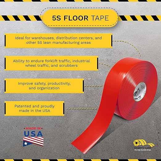 Mighty Line Solid Floor Marking Tape for Safety, Caution, Warning, Heavy-Duty, Peel and Stick Adhesive, Beveled Edge Design, Industrial Quality, 3 inch, 100' Roll, Red