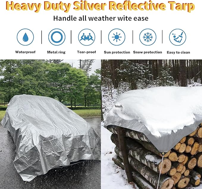TARPAL 12x12 tarp,Heavy Duty Tarp 14mil Silver Reflective Tarps Waterproof with Grommets and Reinforced Edges UV Protection,Tear Resistant for Firewood,RV,Boat,Roof,Car,Camping
