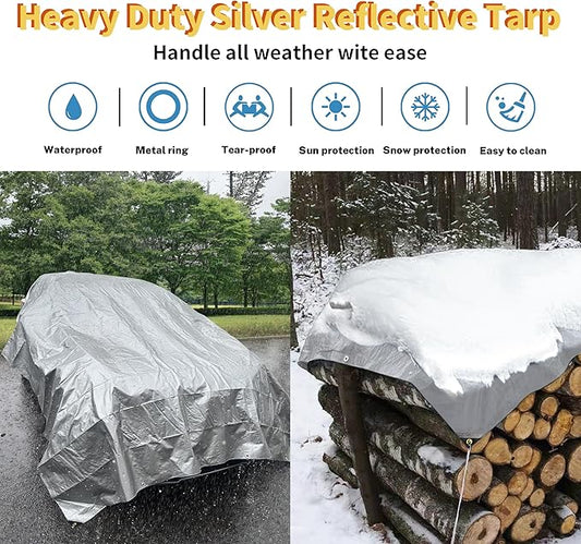 TARPAL 12x18 tarp,Heavy Duty Tarp 14mil Silver Reflective Tarps Waterproof with Grommets and Reinforced Edges UV Protection,Tear Resistant for Firewood,RV,Boat,Roof,Car,Camping