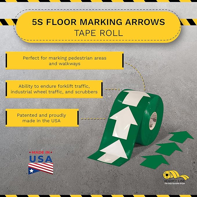 Mighty Line 5.5" Wide Solid Arrows Roll, Directional Sticker Sign Floor Marking Tape for Safety, Caution, Warning, Heavy-Duty, Peel and Stick, Adhesive, Industrial Quality, Green, Pack of 200
