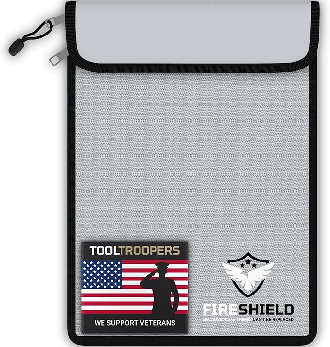 FIRESHIELD PRO Upgraded 2000°F Fireproof Document Bag w/ Dual Pockets – Fire & Waterproof Money Pouch for Cash – Safe Storage for Family Photos, Jewelry, Passport & Important Documents – 15" x 11"