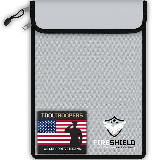 FIRESHIELD PRO Upgraded 2000°F Fireproof Document Bag w/ Dual Pockets – Fire & Waterproof Money Pouch for Cash – Safe Storage for Family Photos, Jewelry, Passport & Important Documents – 15" x 11"