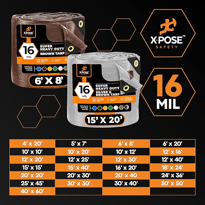 20' x 20' Super Heavy Duty 16 Mil Silver/Brown Poly Tarp Cover - Thick Waterproof, UV Resistant, Rip and Tear Proof Tarpaulin with Grommets and Reinforced Edges - by Xpose Safety