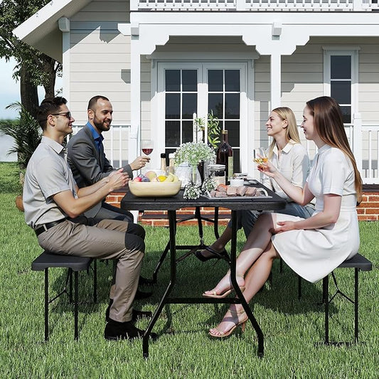 Folding Picnic Table Set with 2 Benches, 6 ft Camping Table Chair Set, 3-Piece Folding Furniture for Indoor or Outdoor Use, W/Handle and Safety Locks,Smooth Tabletop, Black
