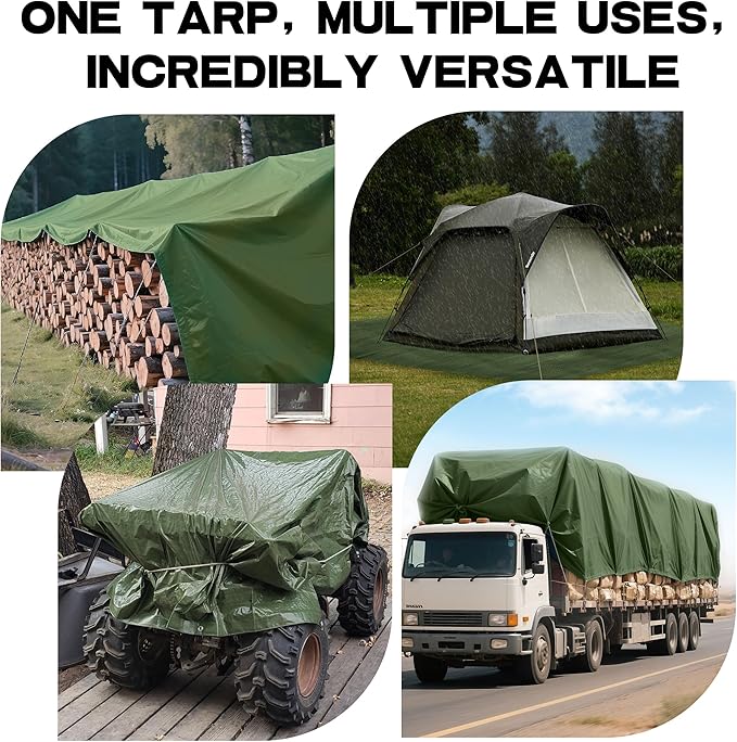 Heavy Duty Tarp 16' x 24' 9-mil Waterproof Poly Reinforced Tarp Cover Tent Shelter Camping Tarpaulin with Grommets Forest Green