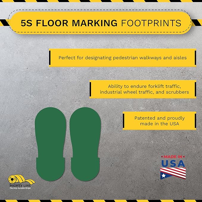 Mighty Line Big Footprints Floor Marking Tape for Safety, Caution, Warning, Heavy-Duty, Peel and Stick, Adhesive, Industrial Quality, 12" Long x 5" Wide, Green, Pack of 50
